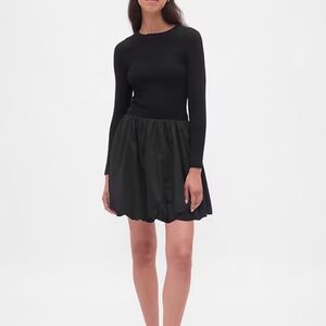 Black Long Sleeve Mixed Media Bubble Mini Dress